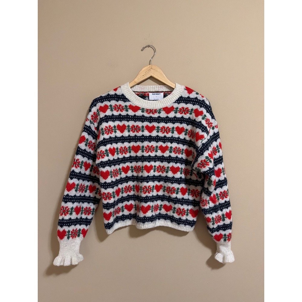 Old Navy Womens Fair Isle Heart Snowflake Ruffle Cuff Sweater Cream Navy Red M